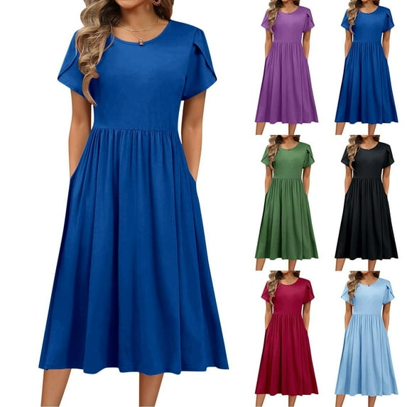 Hrsba Summer Plus Size Dress,Women's Solid Color Short Sleeved Loose Pocket Women's Round Neck Dress,Womens Casual Short Sleeve Round-Neck Dress