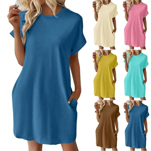 Hrsba Summer Plus Size Dress,Women's Summer Fashion Solid Color Pocket Short Sleeve Round-Neck Dres,Womens Casual Short Sleeve Round-Neck Dress