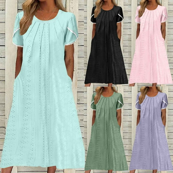 Hrsba Summer Plus Size Dress,Women's Summer Sexy Fashion Solid Color Pocket Short Sleeve Round-Neck Dress,Womens Casual Short Sleeve Round-Neck Dress