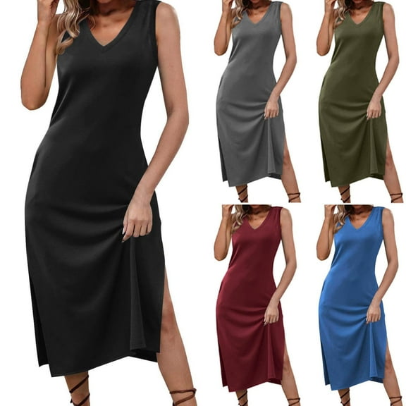 Hrsba Summer Plus Size Dress,Women's Summer Sexy Fashion Solid Color Pocket Sleeveless-Neck Dress,Womens Casual Sleeveless V-Neck Dress