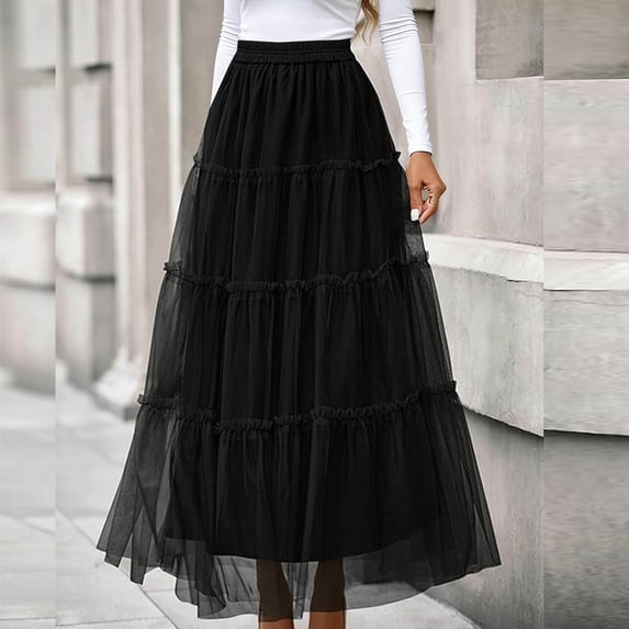 Hrsba Womens Flowy Mesh Maxi Skirts,Solid Color High Waist Lightweight Mesh Flowy Long Womens Skirt