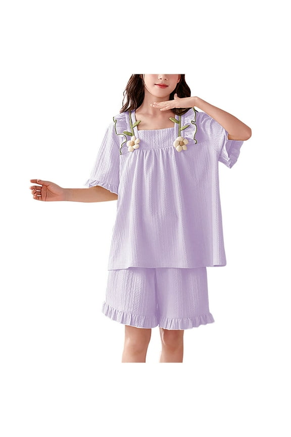 Summer Solid Color Lightweight Loungewear Ruffle Short Sleeve Shorts 2 Piece Set Girls Summer Outfits