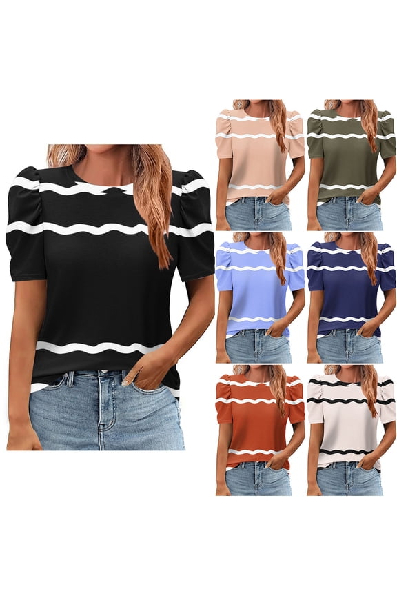 Summer Tops for Women, Crew Neck Short Sleeve Printed Puff Sleeve Casual Tees Summer Fashion Lightweight Breathable Cozy Daily Tops
