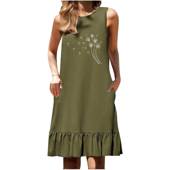 Hrsba Sundresses for Women,Sleeveless Crew Neck Print Dress with Pockets Ruffled Patchwork Hem for Daily