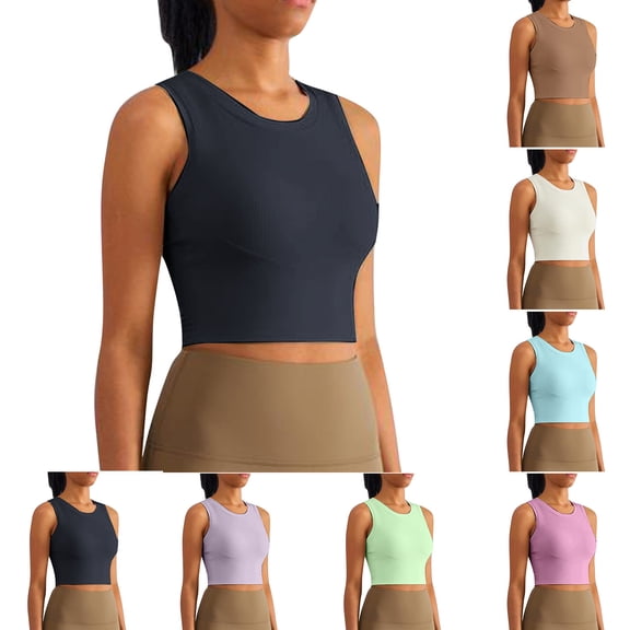 Hrsba Built In Bra Ribbed Tank Top Womens Solid Color Crewneck Sleeveless Padded Sports Camisole Soft Stretchy Breathable Trendy Summer Workout Active Top