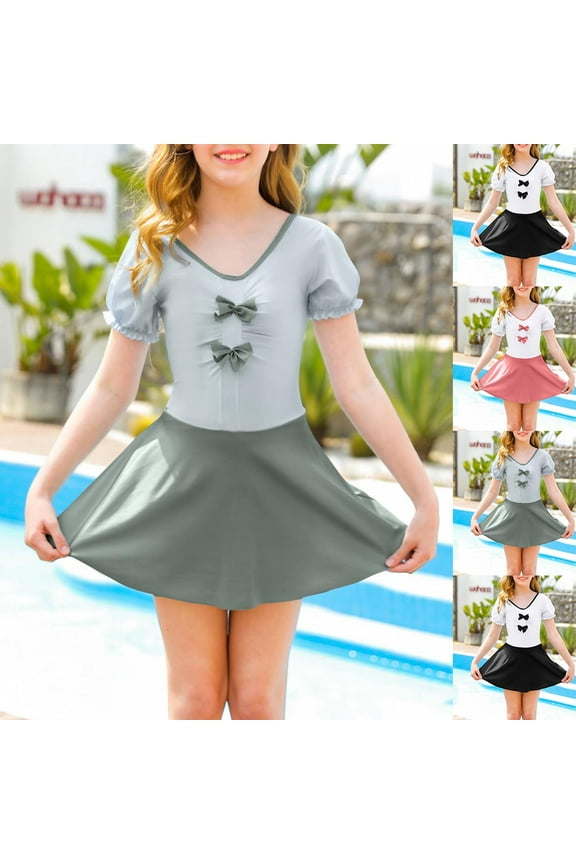 Teen Girls Swimsuit Bow Skirt Style Breathable Fashion Swimwear