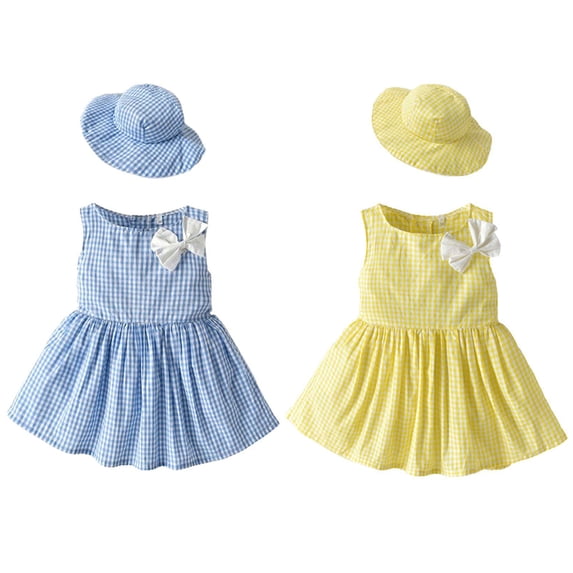 Hrsba Girls Plaid Sleeveless Dress with Bow and Sun Hat 2 Piece Set Little Girl Dresses and Dresses for Girls