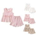 thumbnail image 1 of Hrsba Toddler Girl Outfits Summer Solid Color Sleeveless Top Doll Collar Bow Ruffle Shorts 2 Piece Set Cute Comfortable Matching Set for Girls, 1 of 5