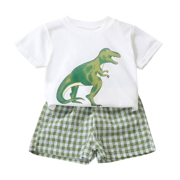 Hrsba Toddler Kids Boys Casual Spring Summer Children's Leisure Suit Dinosaur Printed T-shirt Checkered Shorts Set,Toddler Summer Short Sleeve Round-Neck Blouses & Shirts Sets