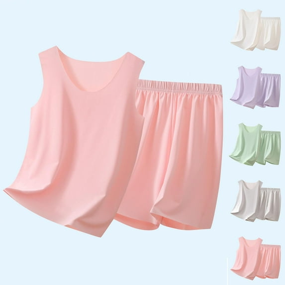 Hrsba Toddler Set for Girls Summer Solid Color Crew Neck Sleeveless Top Elastic Waist Pants Casual Loungewear 2 Piece Set for Girls Daily