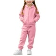 thumbnail image 1 of Hrsba Toddler Winter Casual Two-piece Outfit Sets， Boys Girls Outfit 2 Piece Set Kids Fall Sets Solid Color Fleece Lined Hooded Zip Up Sweatshirt And Pants Sports Set For 1-10 Years Old, 1 of 5