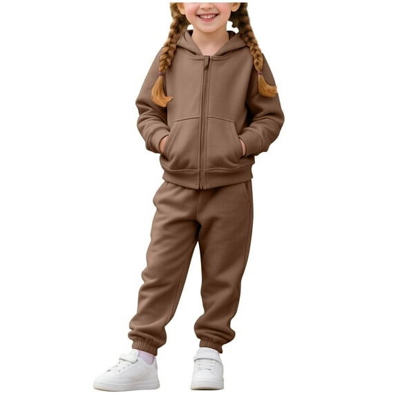 Hrsba Toddler Winter Casual Two-piece Outfit Sets， Boys Girls Outfit 2 Piece Set Kids Fall Sets Solid Color Fleece Lined Hooded Zip Up Sweatshirt And Pants Sports Set For 1-10 Years Old