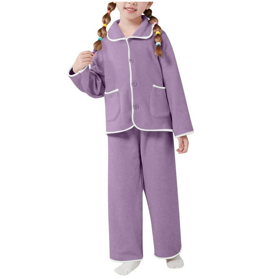 Hrsba Children's Set Kids Fall Pajamas 2 Piece Set Long Sleeve Collared Top High Waist Pants Button Pocket Sleepwear Sizes 4-14Y