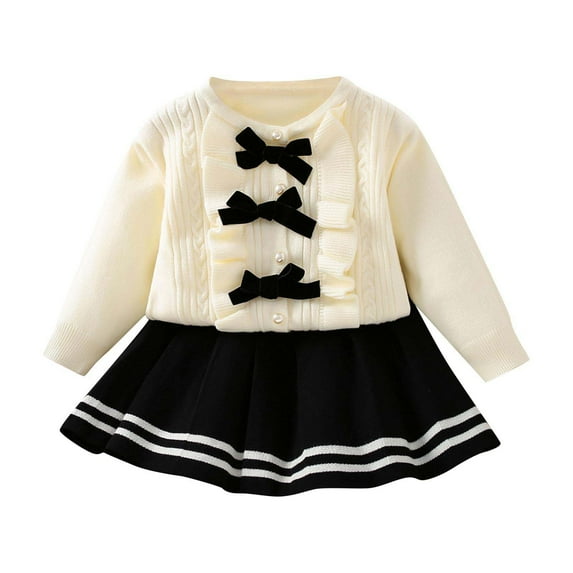 Hrsba Toddler Winter Casual Two-piece Outfit Sets, Girls' Fall Clothes Set Long Sleeve Bow-Knot Knit Top And Knit Skirt 2-Piece Set