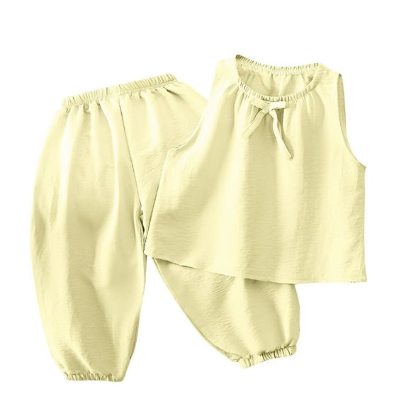 Hrsba Toddler Winter Casual Two-piece Outfit Sets, Girls' Two-piece Set Solid Color Long Sleeve Sleeveless Top With Bow And Pants Lightweight Loungewear For Kids 3-11 Years