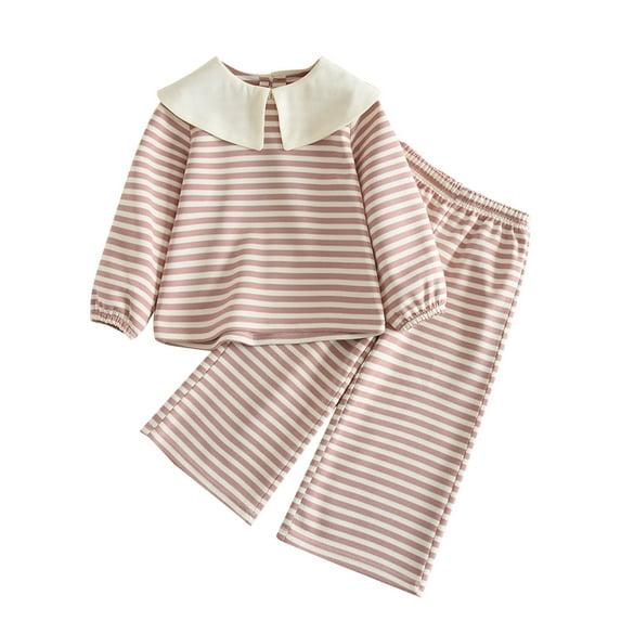 Hrsba Girls Outfit Set Long Sleeve Collared Doll Collar Striped Top and Pants 2 Piece Set for Casual Wear Cool Season for 2-8 Years