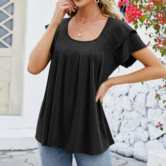Hrsba Tops for Women Trendy,Solid Color Loose U Neck Top Ruffle Detail Short Sleeve Breathable Summer Ladies Blouse