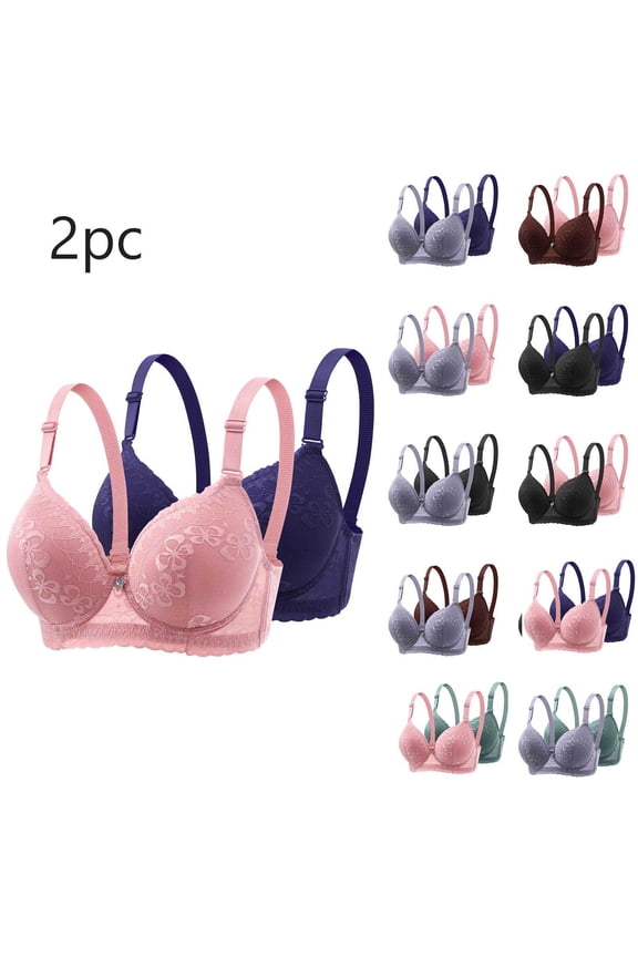 Tshirt Bras for Women 2 Pack Underwire Embroidered Breathable Gentle Support Push Up Everyday Bra Set
