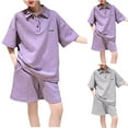 thumbnail image 1 of Hrsba Unisex 2 Piece Outfits Summer Short Sleeve Collared Top Shorts Casual Sporty Style Lightweight Soft Daily Wear for Kids, 1 of 5