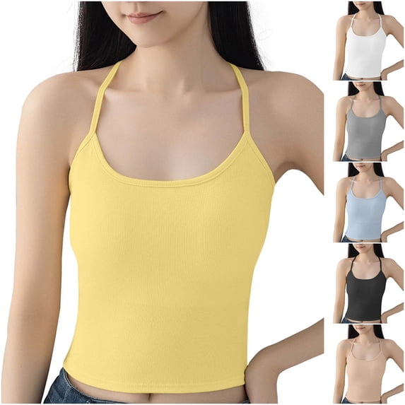 Hrsba V Neck Camisoles for Women Built In Bras Solid Color Ribbed Spaghetti Strap Padded Soft Stretchy Breathable Summer Cami