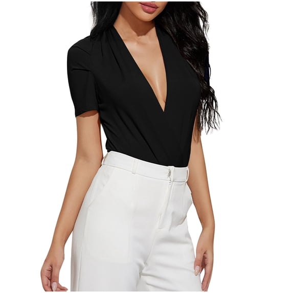 Hrsba V Neck Tops For Women Solid Color Deep V Neck Short Sleeve Ruched Bodysuit Stylish Soft Fabric Casual Fashion Tops For Women