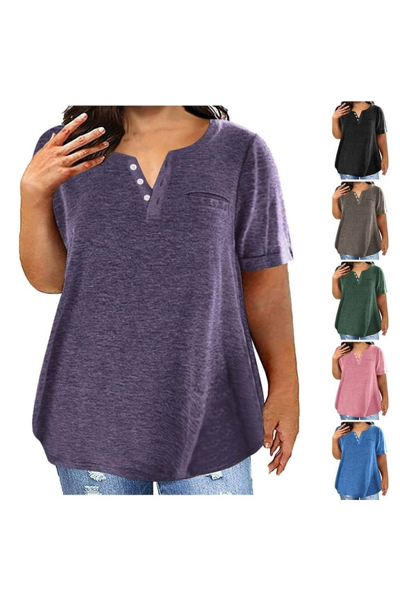 V Neck Tops For Women Solid Color Short Sleeve Button Front Soft Casual Tee Plus Size Friendly Dressy Tops For Women