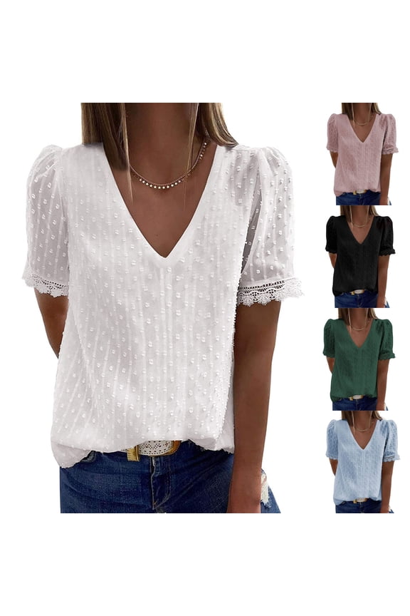 V Neck Tops For Women Solid Color Textured Short Sleeve Tee Casual Soft Fashion Trendy Tops For Women