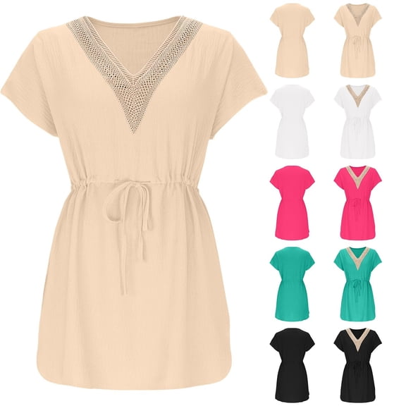 Hrsba Vacation Dress, Solid Color V Neck Ruffled Elastic Waist Cover Up Dress for Women Summer Wear