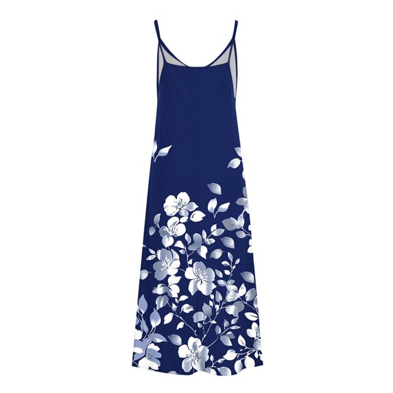 Hrsba Vacation Dress,Women Summer Casual Print Sleeveless Spaghetti Strap V Neck Flowy Beach Sundress