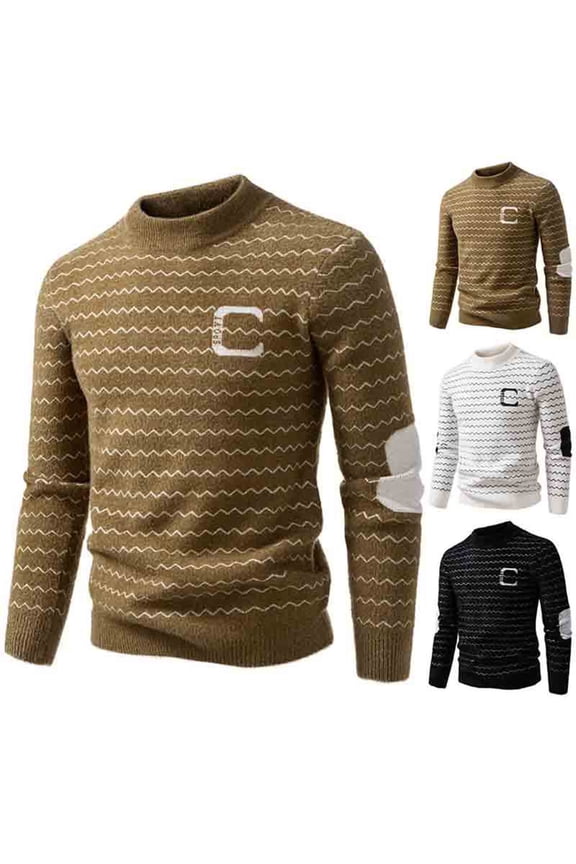 Warm Sweater for Men,Wave Stripe Thick Elastic Faux Mink Fleece Mock Neck Knit Sweater