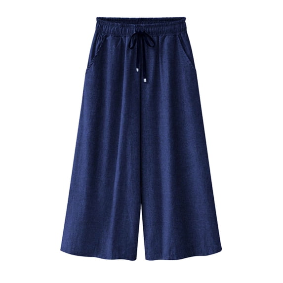 Hrsba Wide Leg Pants for Women,Plus Size Elastic Drawstring Waist Linen Denim 3/4 Length Trousers for Summer,L