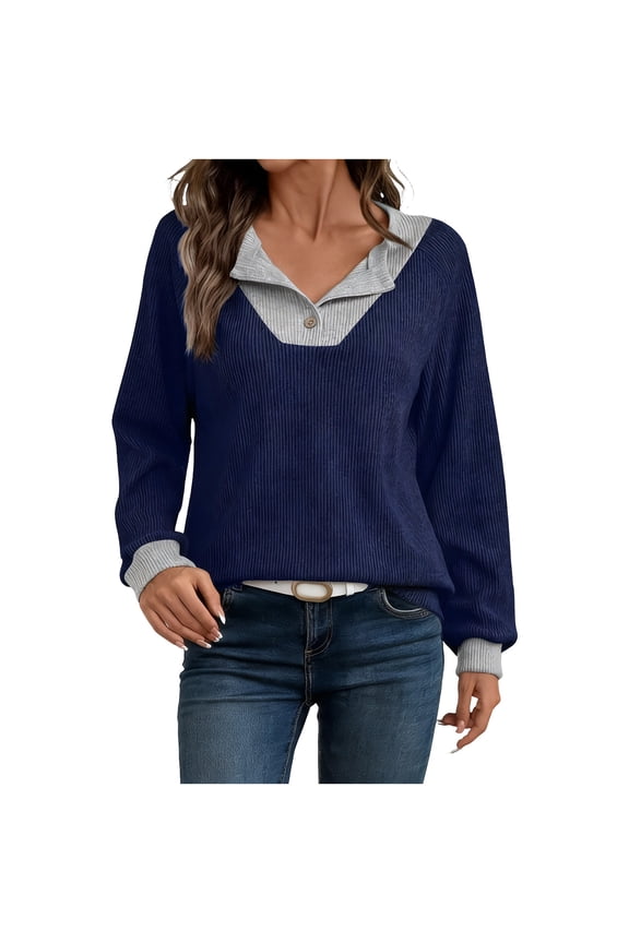 Women Button Collar Crew Neck Long Sleeve Top with Mixed Colors for Casual Fashion Wear