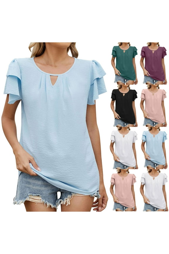 Cutout Double Layer Sleeve Blouses for Women V Neck Short Sleeve Solid Color Loose Chiffon Summer Lightweight Breathable Tops