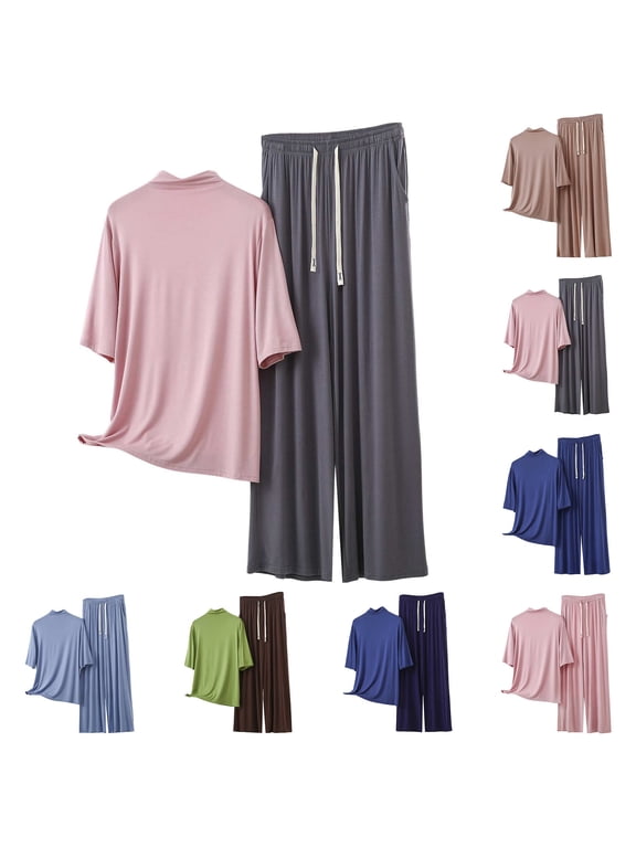 Women Homewear Sets Half High Neck Short Sleeve Top and Wide Leg Pants 2 Piece Suits