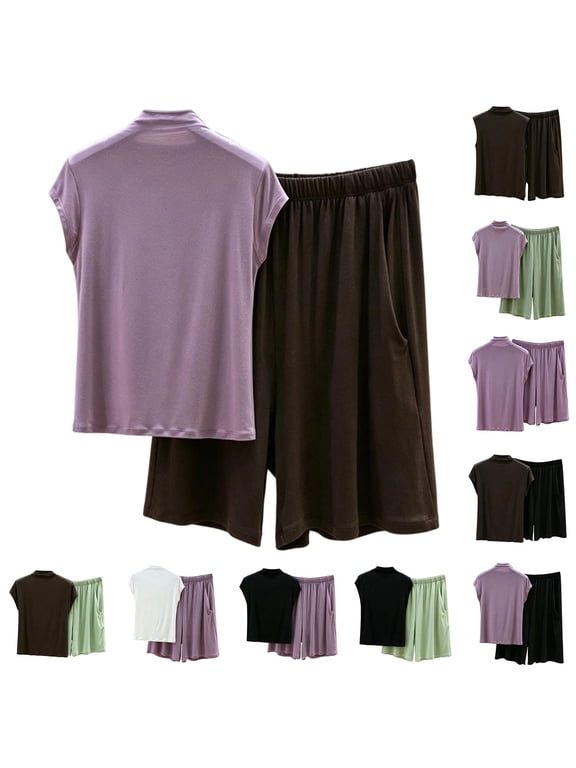 Women Homewear Sets Half High Neck Sleeveless Top and Wide Leg Pants 2 Piece Suits