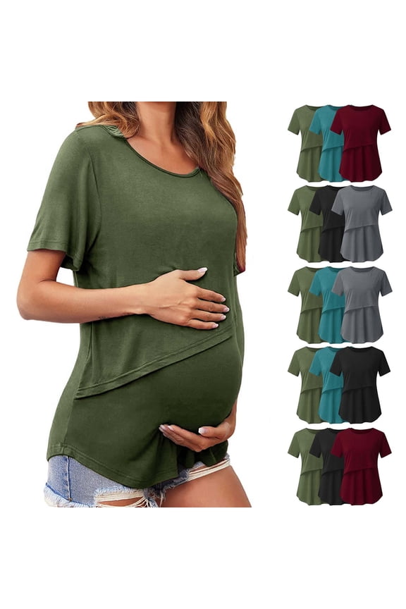 Women Maternity Tops Solid Color Crew Neck Short Sleeve Nursing Tops 3PC Soft Stretchy for Breastfeeding Daily Wear