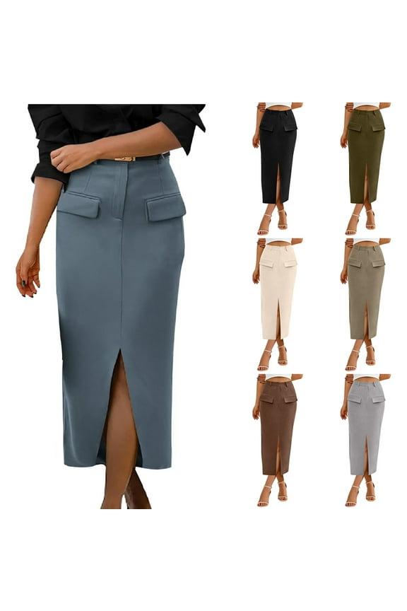 Women Midi Skirts High Waisted Bodycon Skirt with Side Slit and Pockets Versatile for Office and Everyday Wear