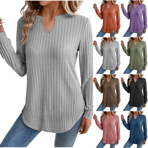Hrsba Women's Casual Long Sleeve Sweatshirt Solid Color V Neck Long Sleeve Loose Casual Pullover Hoodie Top