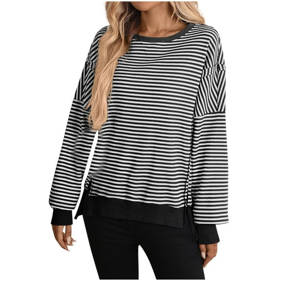 Hrsba Womens Fashion Pullover Outfit Trendy Tunic Tops, Women Casual Tops Striped Color Block Loose Round Neck Long Sleeve Top Casual Fall Outfits for Women
