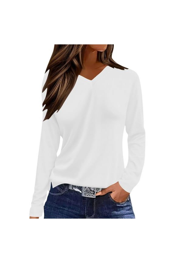 Women's Long Sleeve Tops Fall Tops for Women Solid Color V Neck Long Sleeve Sun Protection Casual T Shirt Winter Fashion Ladies Tops Womens' Tops