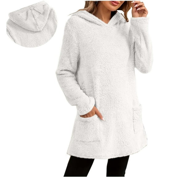 Hrsba Women's Oversized Casual Tops, Fall Sweaters for Women Solid Color Fleece Double Layer Long Sleeve Hooded Pullover Top with Pockets Warm Fall Outfits for Women