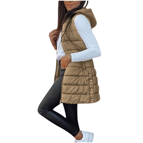 Hrsba Women's Crew Neck Pullover for Fall Winter,Ladies Tops Tank Top Blouses for Women Long Length Padded Sleeveless Stand Collar Hooded with Pockets Winter Jacket