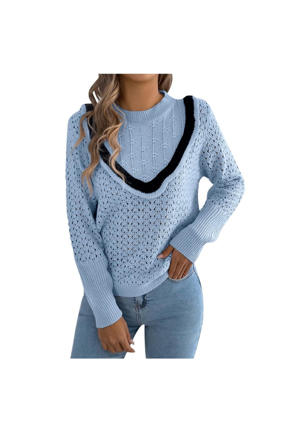 Women's Round Neck Sweater, Sweaters for Women Fall Sweaters for Women Solid Color Crew Neck Loose Knit Sweater with Hollow Out Long Sleeve Casual Winter Fashion Ladies Tops