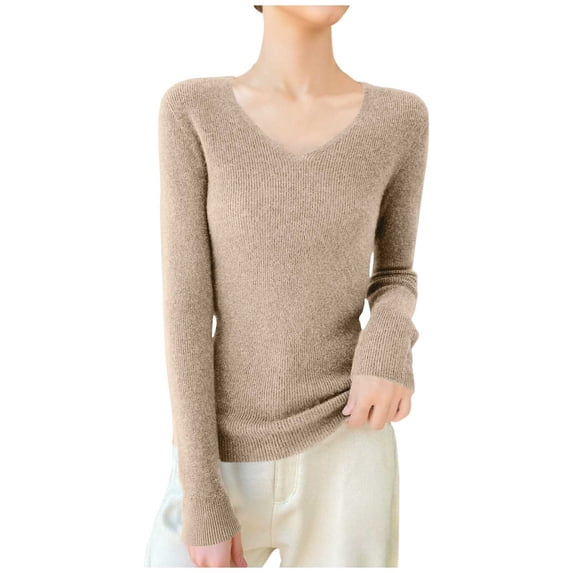 Hrsba Women's Sweaters Solid Color V Neck Long Sleeve Casual Knit Base Pullover Sweater