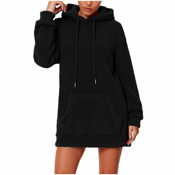 Hrsba Womens Hoodie Sweatshirt Dress, Winter Dress for Women Fleece Lined Hooded Long Sleeve Dress with Front Pockets Loose Warm Winter Outfit