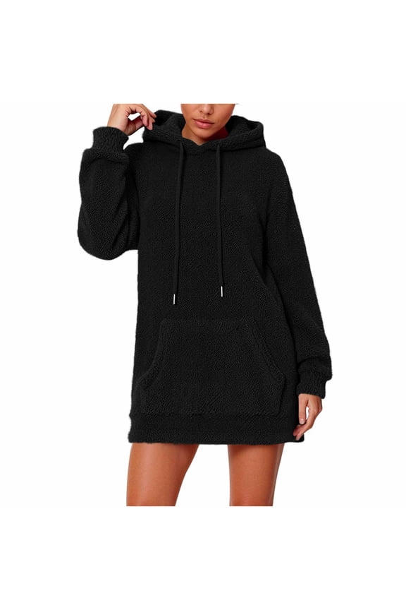 Womens Hoodie Sweatshirt Dress, Winter Dress for Women Fleece Lined Hooded Long Sleeve Dress with Front Pockets Loose Warm Winter Outfit