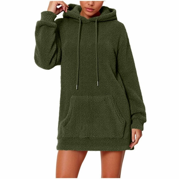 Hrsba Womens Hoodie Sweatshirt Dress, Winter Dress for Women Fleece Lined Hooded Long Sleeve Dress with Front Pockets Loose Warm Winter Outfit