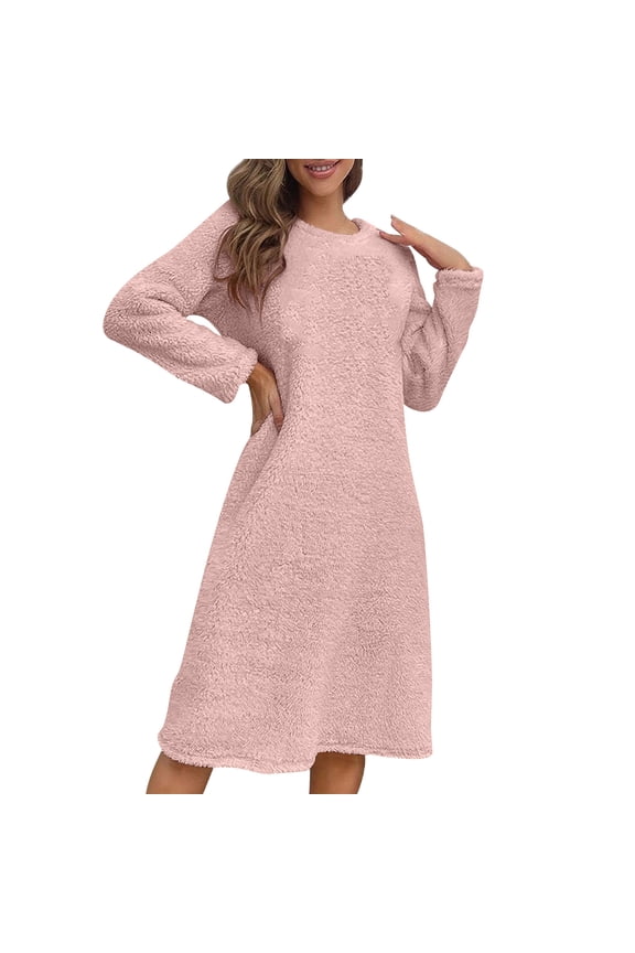 Long Sleeve Knee High Puff A Line Casual Dress,Winter Dress for Women Fleece Thickened Long Sleeve Crew Neck Nightgown Pull On Sleep Dress Warm Style