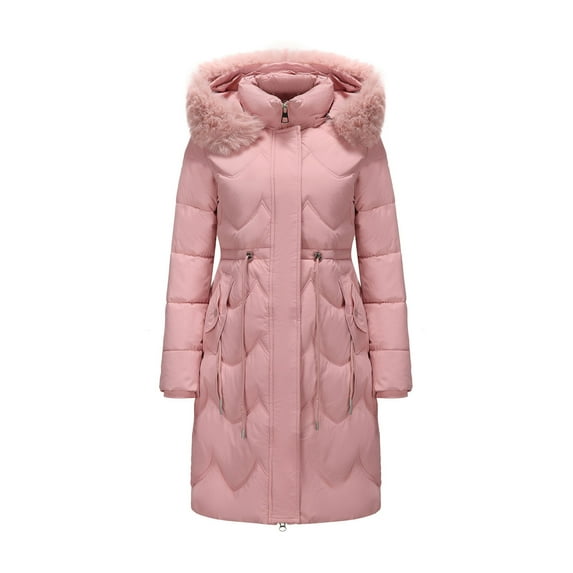 Hrsba Women’s Winter Full Zipper Puffer Jacket, Womens Winter Coats Solid Color Mid Length Thickened Zip Up Hooded Long Sleeve Outerwear with Pockets and Collar
