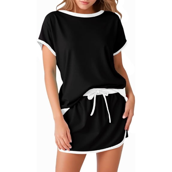 Hrsba Womens 2 Piece Outfit Set Summer Short Sleeve Top and Skirt Set Casual Solid Color Matching Set Beach Vacation Two Piece Outfit for Women